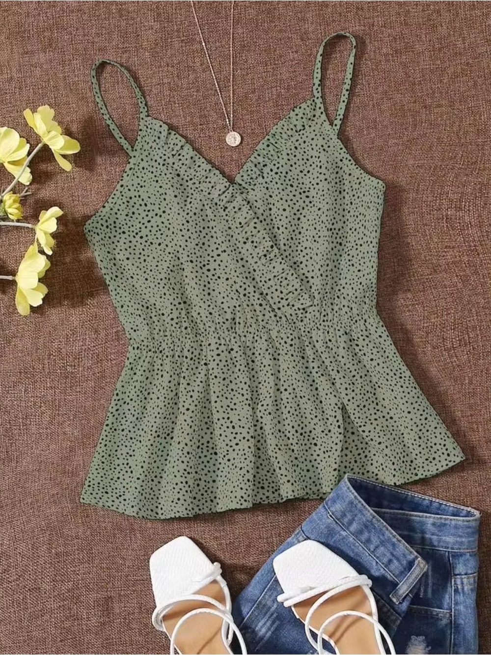 SHEIN Sage Green Polka Dot Ruched Cami Tank Top Size Large